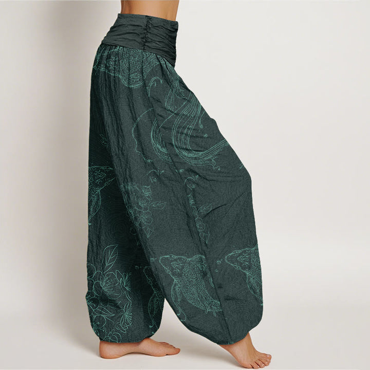 Pantalones bombachos de cintura elástica para mujer con estampado floral de peces koi y piedras de Buddha Stones , de algodón. - image 8