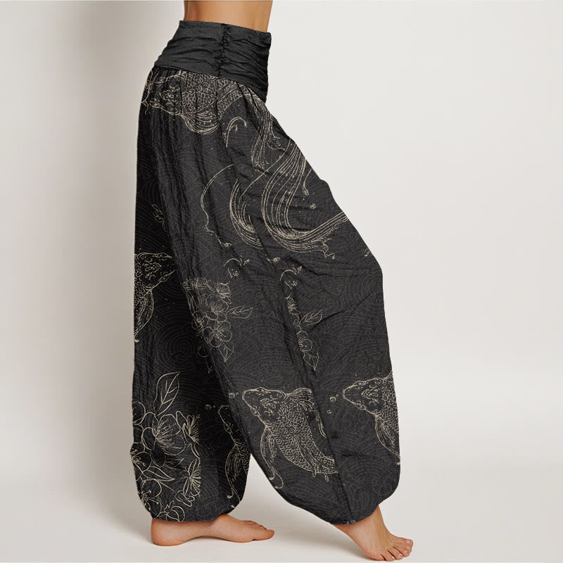 Pantalones harén con cintura elástica para mujer con estampado floral de peces koi y Buddha Stones - image 2