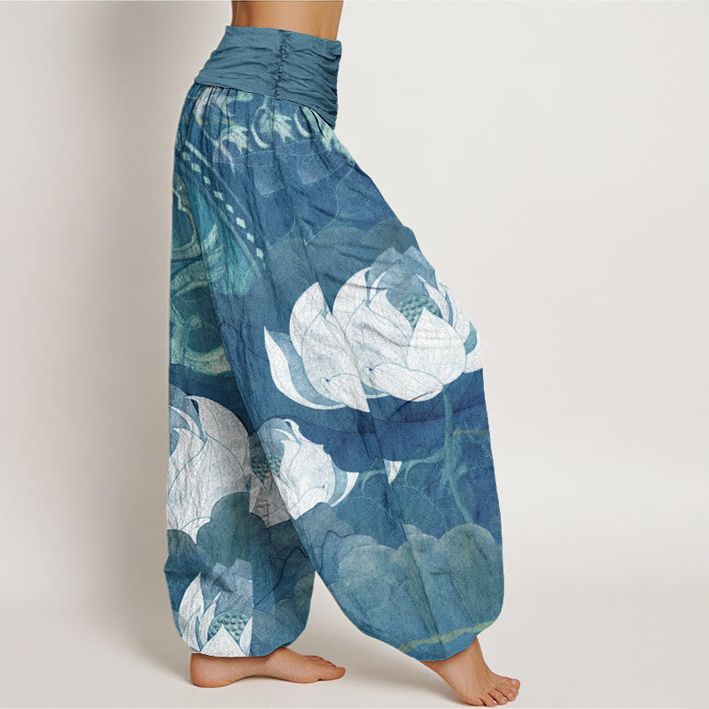 Pantalones harén informales con cintura elástica para mujer con estampado de hojas de loto blanco y Buddha Stones - image 6