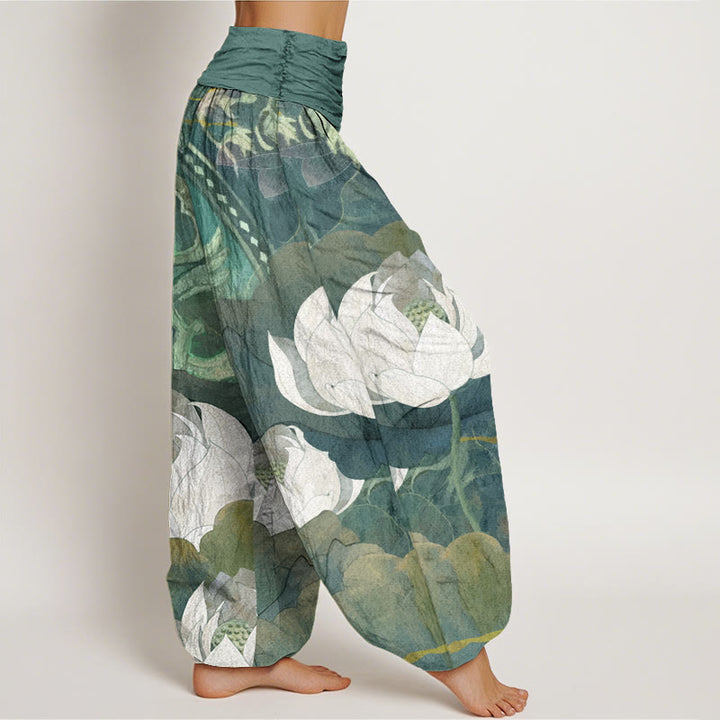 Pantalones harén informales con cintura elástica para mujer con estampado de hojas de loto blanco y Buddha Stones - image 3