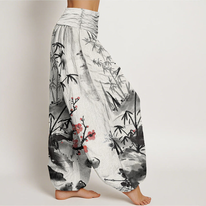 Pantalones harén con cintura elástica para mujer con estampado de Buddha Stones, ciruelos, flores de bambú, orquídeas y crisantemos - image 2
