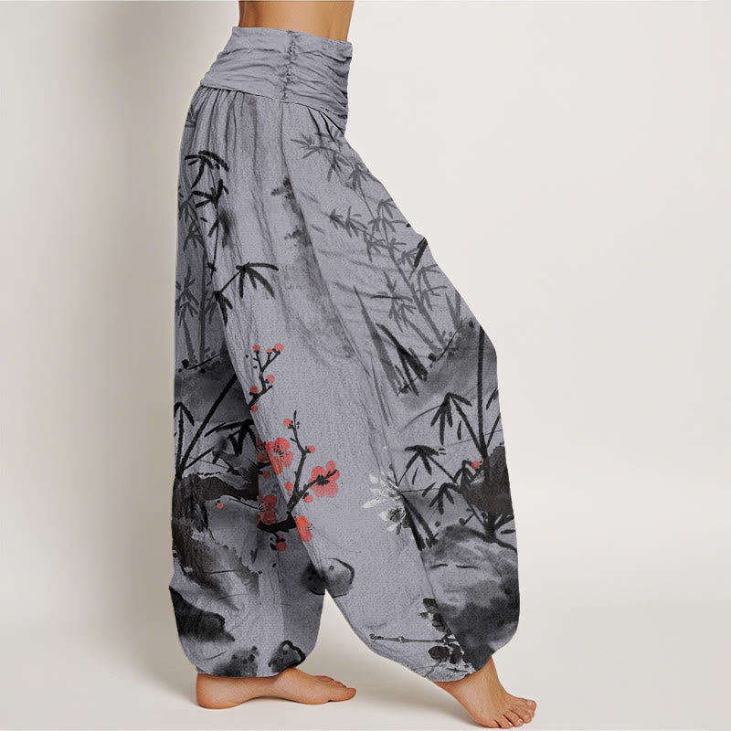 Pantalones harén con cintura elástica para mujer con estampado de Buddha Stones, ciruelos, flores de bambú, orquídeas y crisantemos - image 9