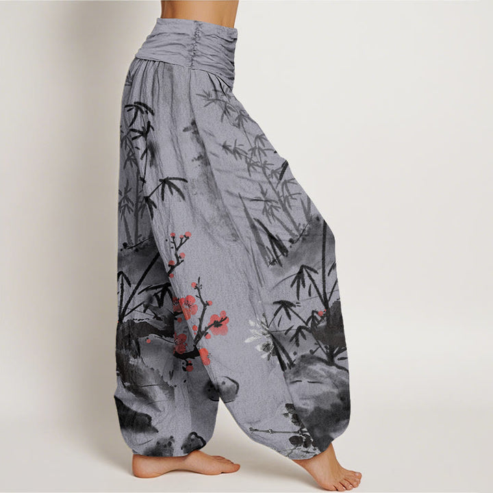 Pantalones harén con cintura elástica para mujer con estampado de Buddha Stones, ciruelos, flores de bambú, orquídeas y crisantemos - image 9