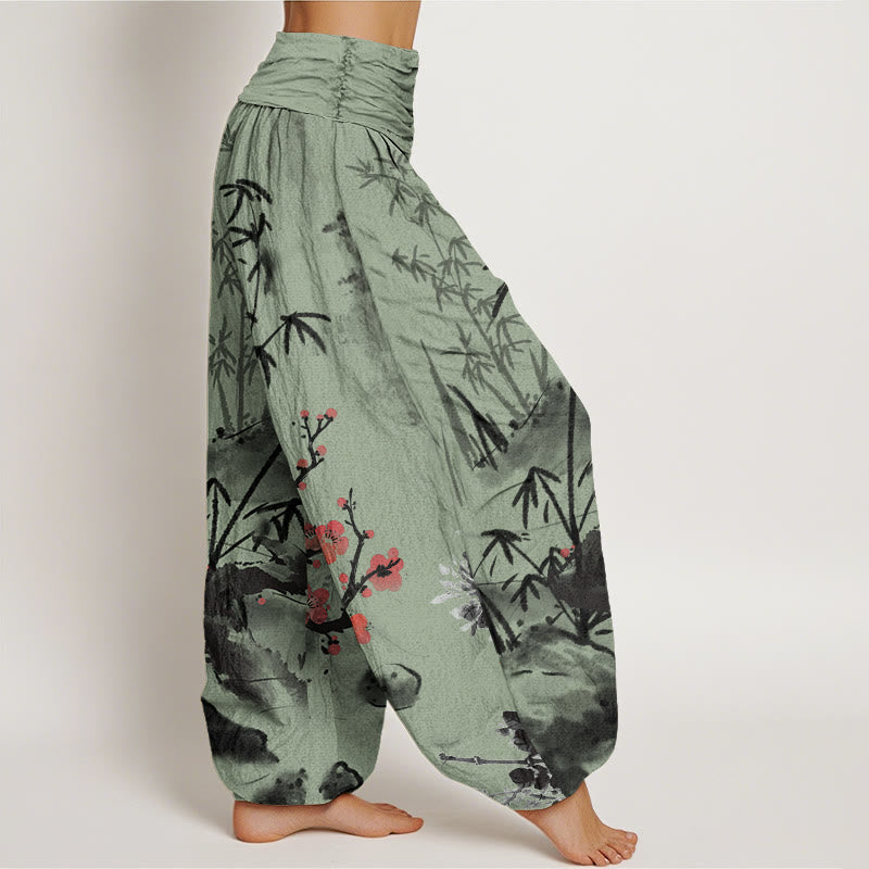 Pantalones harén con cintura elástica para mujer con estampado de Buddha Stones, ciruelos, flores de bambú, orquídeas y crisantemos - image 6