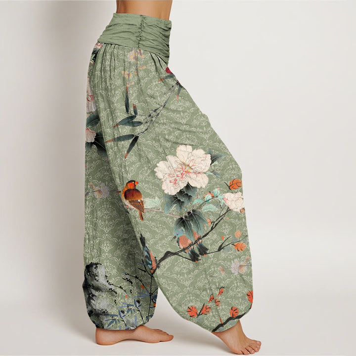 Pantalones bombachos de cintura elástica para mujer con estampado de mandala, flores, ramas y motivos de Buddha Stones, pájaros y otros motivos florales. - image 1