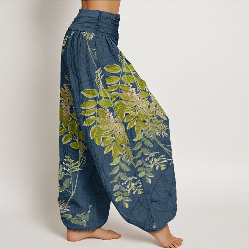 Pantalones bombachos de mujer con cintura elástica, estampado de hojas verdes, ramas y Buddha Stones en algodón. - image 9