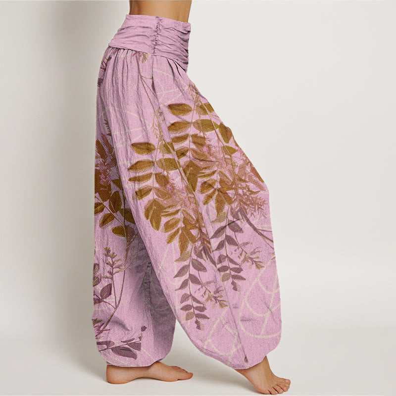 Pantalones bombachos de mujer con cintura elástica, estampado de hojas verdes, ramas y Buddha Stones en algodón. - image 6