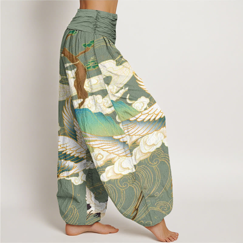 Pantalones bombachos de cintura elástica para mujer con estampado de Buddha Stones, grullas voladoras de algodón, nubes auspiciosas y árbol. - image 5