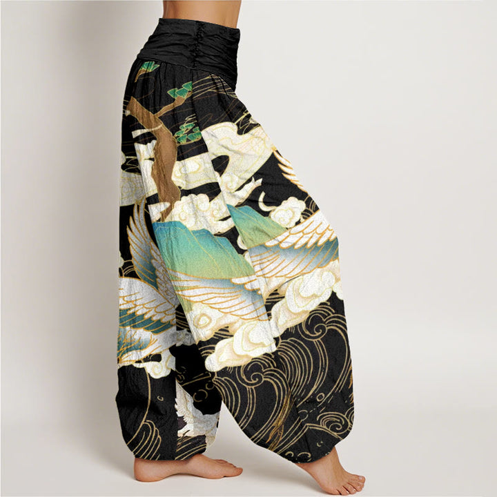 Pantalones bombachos de cintura elástica para mujer con estampado de Buddha Stones, grullas voladoras de algodón, nubes auspiciosas y árbol. - image 1