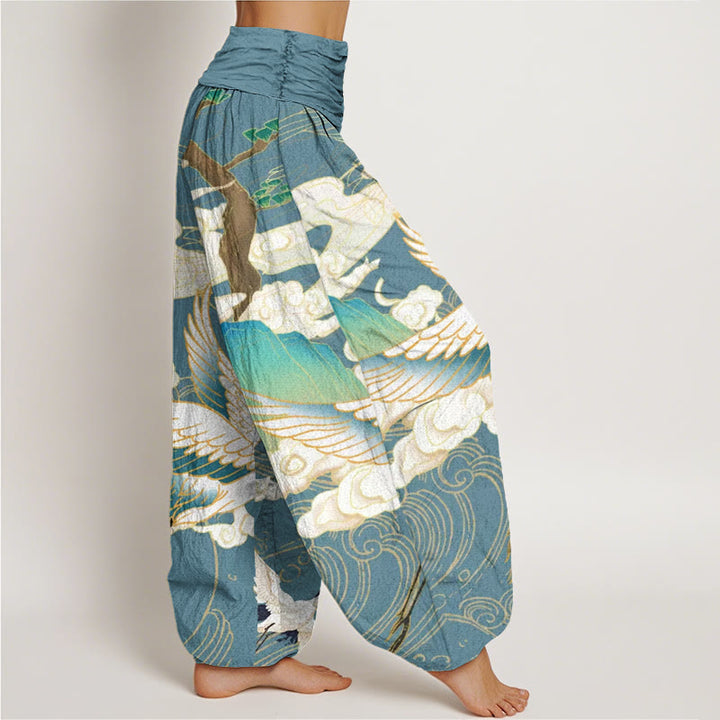Pantalones harén de cintura elástica para mujer con diseño de grullas voladoras, árboles de nubes auspiciosas y Buddha Stones - image 9