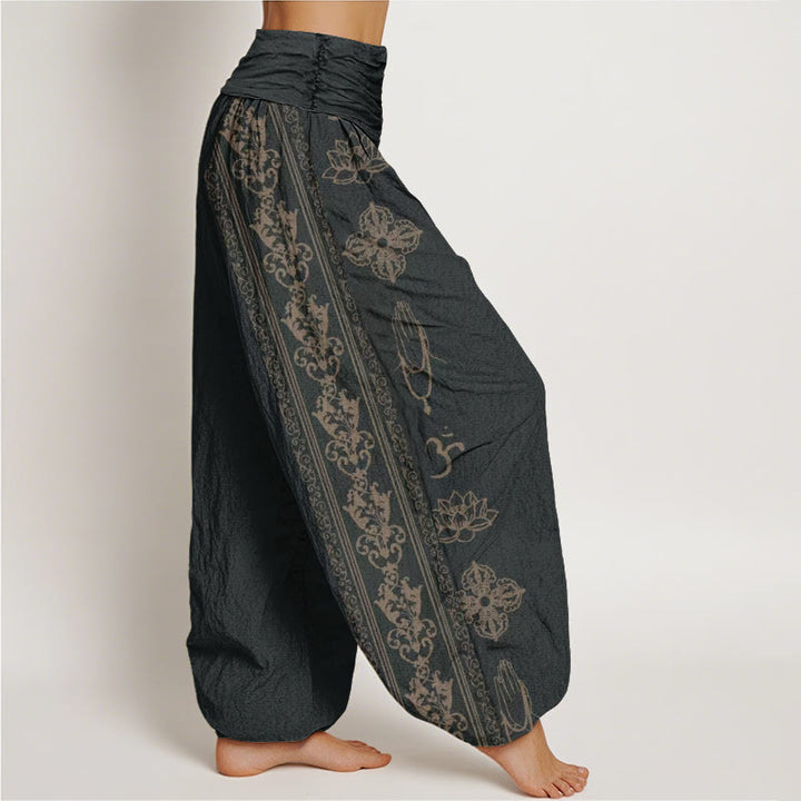 Pantalones bombachos de cintura elástica para mujer con diseño de flores de loto de algodón con Buddha Stones, doble dorje vajra namaste om. - image 2