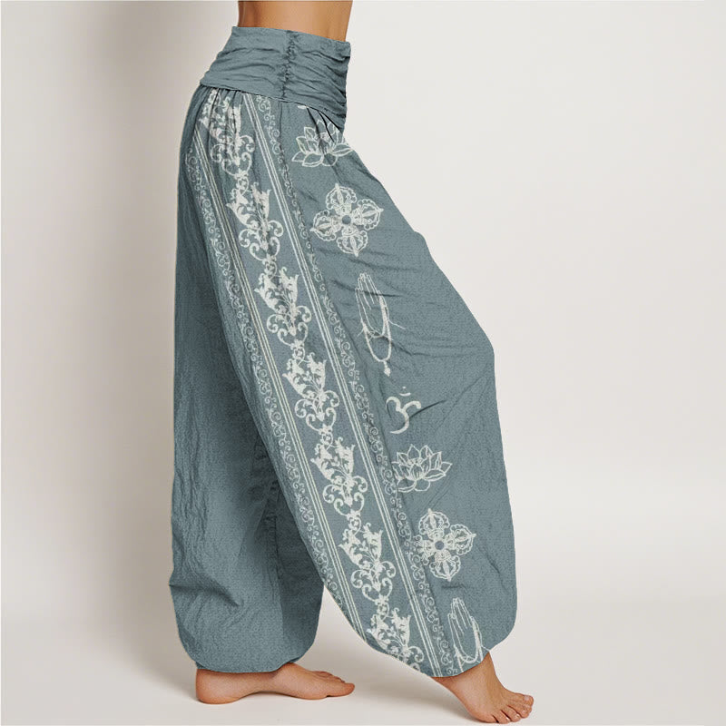 Pantalones bombachos de cintura elástica para mujer con diseño de flores de loto de algodón con Buddha Stones, doble dorje vajra namaste om. - image 6