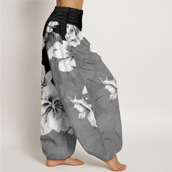 Pantalones bombachos de cintura elástica para mujer con estampado de camelias y Buddha Stones, de algodón. - image 9