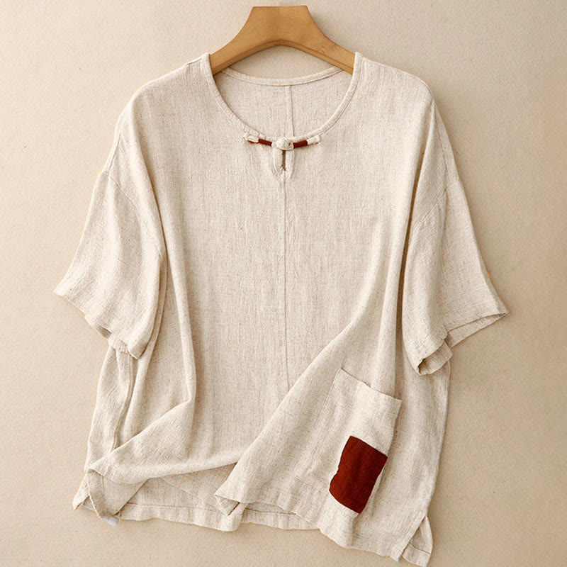 Camisa de lino y algodón de manga corta con botones de rana, abertura lateral y bloques de color Buddha Stones para mujer, con bolsillos - Blanco antiguo - US14，UK/AU18，EU46 (2XL) - image 0