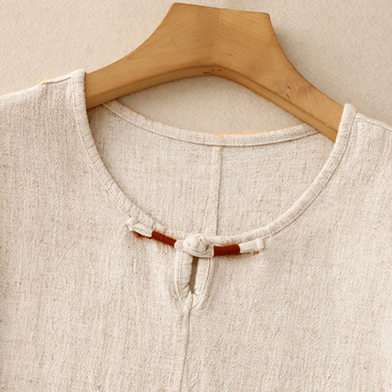 Camisa de lino y algodón de manga corta con botones de rana, abertura lateral y bloques de color Buddha Stones para mujer, con bolsillos - image 1