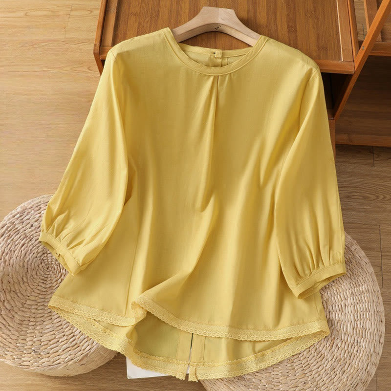 Camisa de lino y algodón con cuello redondo, manga tres cuartos y botones, con dobladillo de encaje liso y botonadura sencilla para mujer Buddha Stones - Caqui - US14，UK/AU18，EU46 (2XL) - image 1