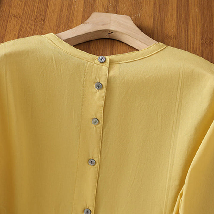 Camisa de lino y algodón con cuello redondo, manga tres cuartos y botones, con dobladillo de encaje liso y botonadura sencilla para mujer Buddha Stones - image 6