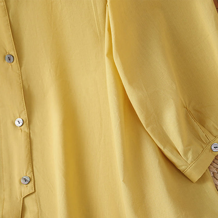 Camisa de lino y algodón con cuello redondo, manga tres cuartos y botones, con dobladillo de encaje liso y botonadura sencilla para mujer Buddha Stones - image 3