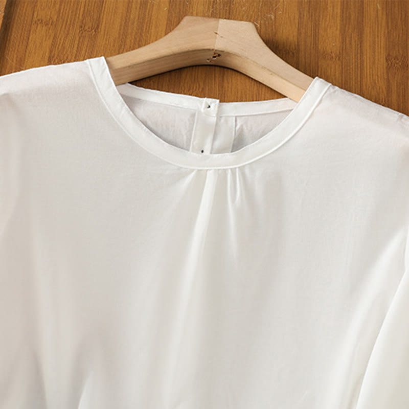 Camisa de lino y algodón con cuello redondo, manga tres cuartos y botones, con dobladillo de encaje liso y botonadura sencilla para mujer Buddha Stones - image 12