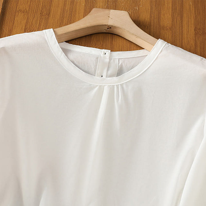 Camisa de lino y algodón con cuello redondo, manga tres cuartos y botones, con dobladillo de encaje liso y botonadura sencilla para mujer Buddha Stones - image 12