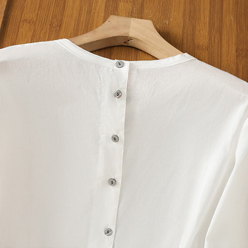 Camisa de lino y algodón con cuello redondo, manga tres cuartos y botones, con dobladillo de encaje liso y botonadura sencilla para mujer Buddha Stones - image 17