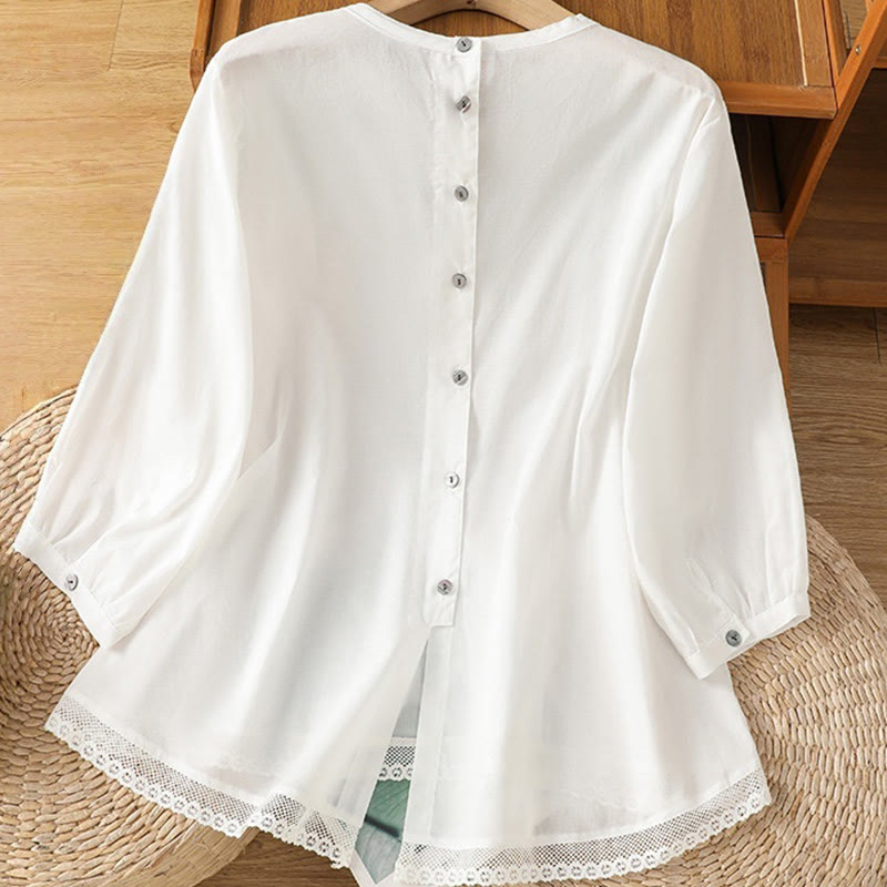 Camisa de lino y algodón con cuello redondo, manga tres cuartos y botones, con dobladillo de encaje liso y botonadura sencilla para mujer Buddha Stones - image 10