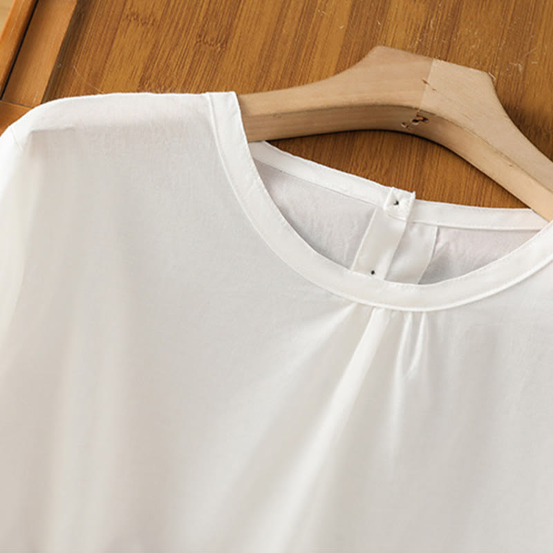 Camisa de lino y algodón con cuello redondo, manga tres cuartos y botones, con dobladillo de encaje liso y botonadura sencilla para mujer Buddha Stones - image 13