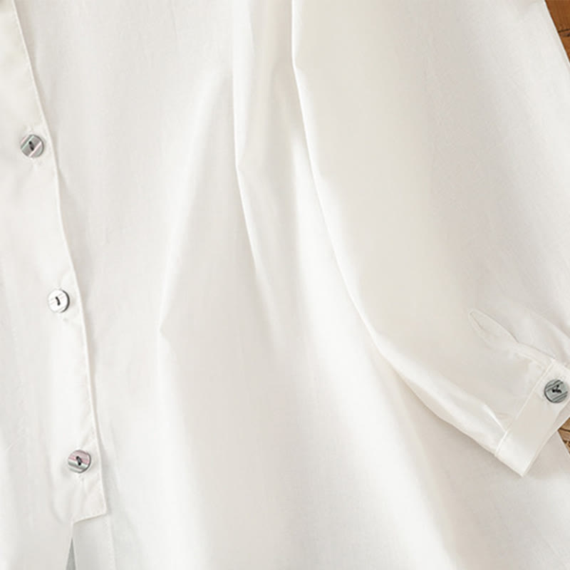 Camisa de lino y algodón con cuello redondo, manga tres cuartos y botones, con dobladillo de encaje liso y botonadura sencilla para mujer Buddha Stones - image 16