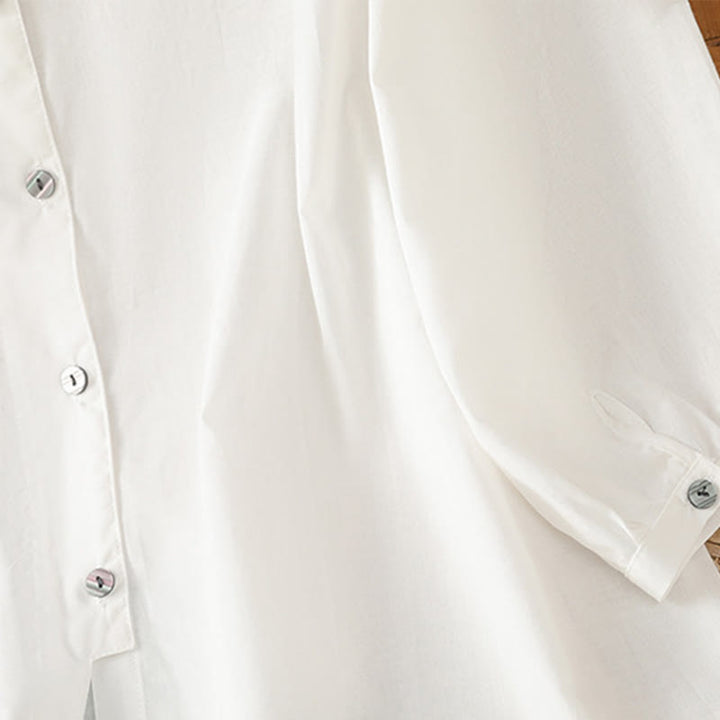 Camisa de lino y algodón con cuello redondo, manga tres cuartos y botones, con dobladillo de encaje liso y botonadura sencilla para mujer Buddha Stones - image 16