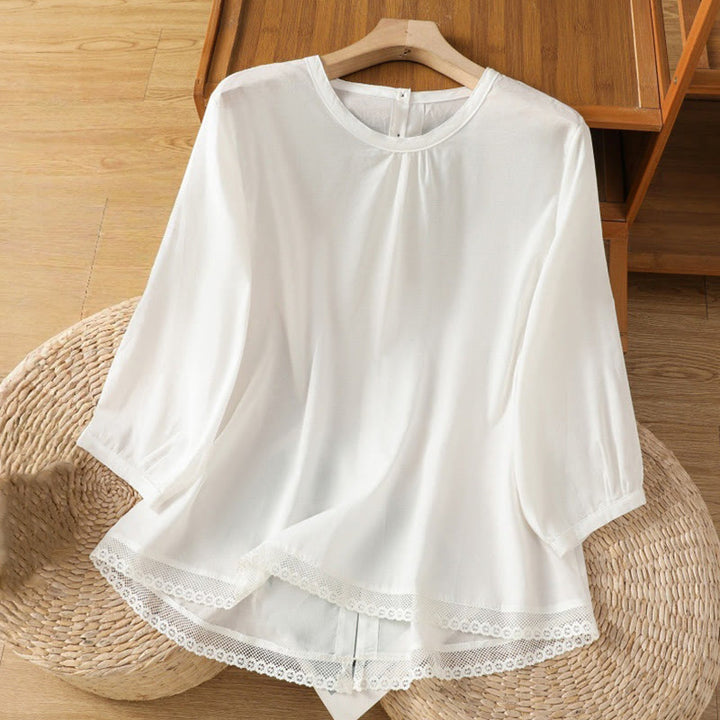 Camisa de lino y algodón con cuello redondo, manga tres cuartos y botones, con dobladillo de encaje liso y botonadura sencilla para mujer Buddha Stones - Blanco - US14，UK/AU18，EU46 (2XL) - image 10