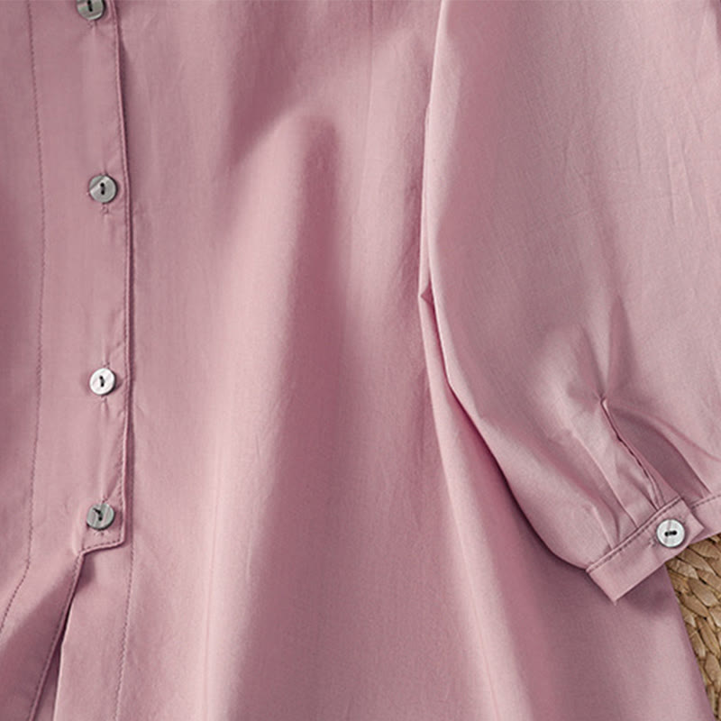 Camisa de lino y algodón con cuello redondo, manga tres cuartos y botones, con dobladillo de encaje liso y botonadura sencilla para mujer Buddha Stones - image 21