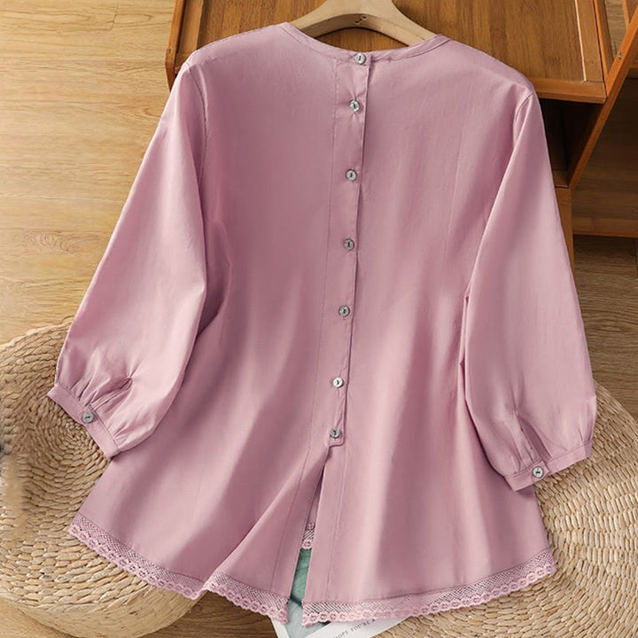 Camisa de lino y algodón con cuello redondo, manga tres cuartos y botones, con dobladillo de encaje liso y botonadura sencilla para mujer Buddha Stones - image 19