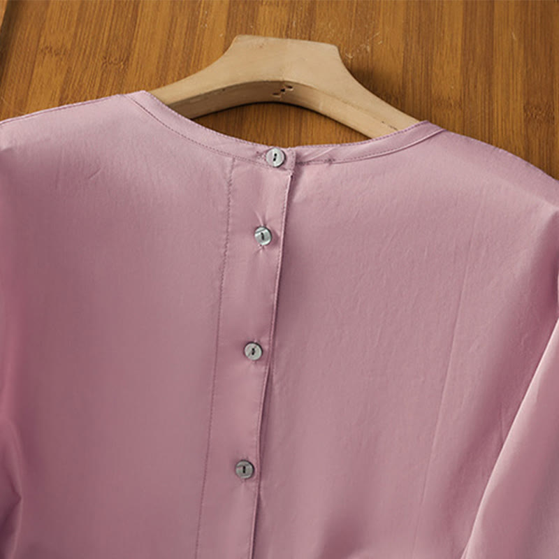 Camisa de lino y algodón con cuello redondo, manga tres cuartos y botones, con dobladillo de encaje liso y botonadura sencilla para mujer Buddha Stones - image 22