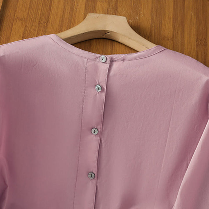 Camisa de lino y algodón con cuello redondo, manga tres cuartos y botones, con dobladillo de encaje liso y botonadura sencilla para mujer Buddha Stones - image 22