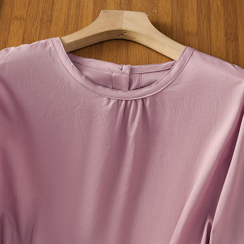 Camisa de lino y algodón con cuello redondo, manga tres cuartos y botones, con dobladillo de encaje liso y botonadura sencilla para mujer Buddha Stones - image 23