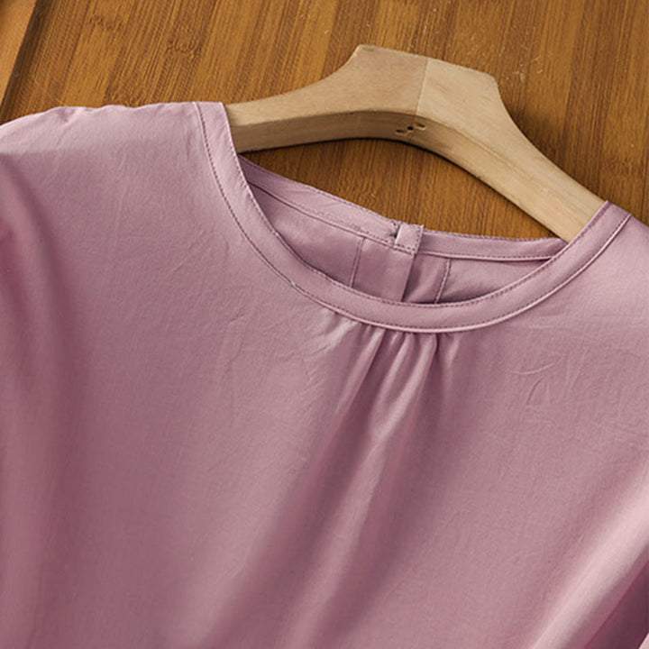 Camisa de lino y algodón con cuello redondo, manga tres cuartos y botones, con dobladillo de encaje liso y botonadura sencilla para mujer Buddha Stones - image 26