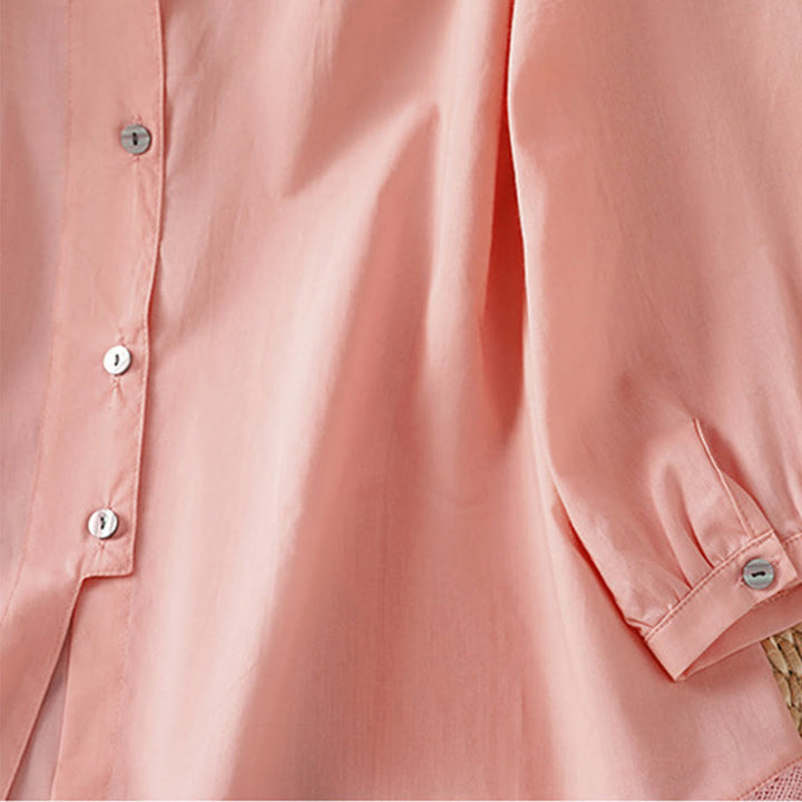 Camisa de lino y algodón con cuello redondo, manga tres cuartos y botones, con dobladillo de encaje liso y botonadura sencilla para mujer Buddha Stones - image 32