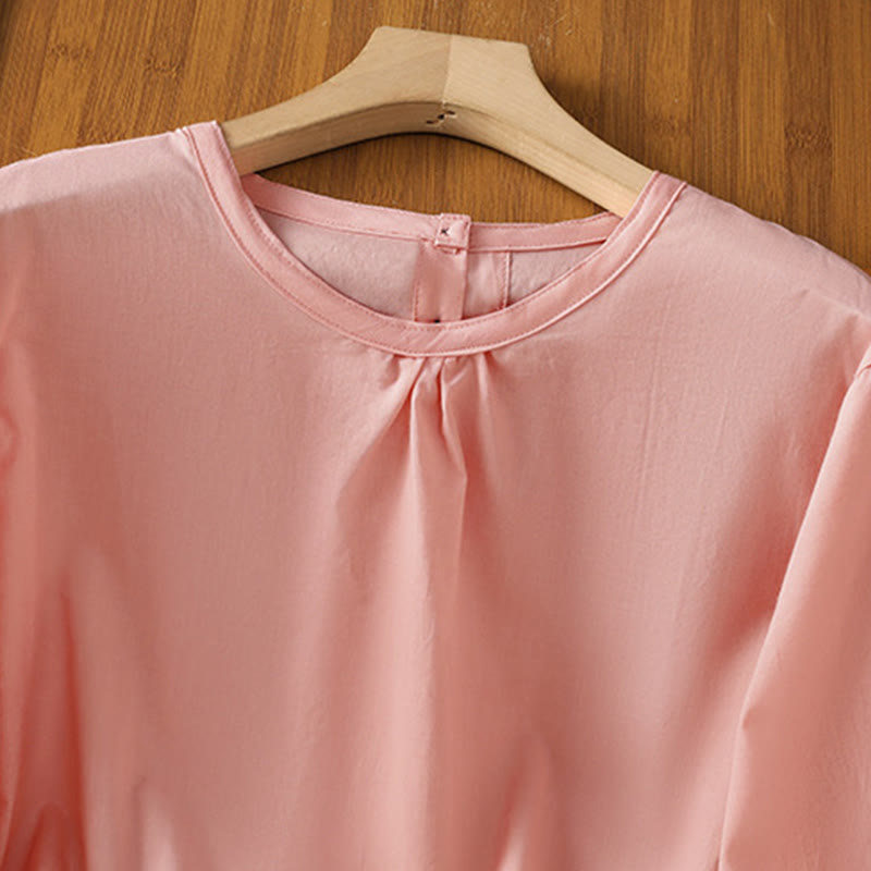 Camisa de lino y algodón con cuello redondo, manga tres cuartos y botones, con dobladillo de encaje liso y botonadura sencilla para mujer Buddha Stones - image 29