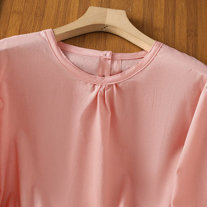 Camisa de lino y algodón con cuello redondo, manga tres cuartos y botones, con dobladillo de encaje liso y botonadura sencilla para mujer Buddha Stones - image 29