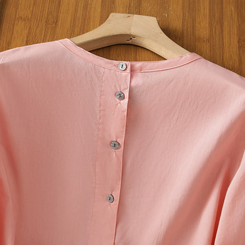 Camisa de lino y algodón con cuello redondo, manga tres cuartos y botones, con dobladillo de encaje liso y botonadura sencilla para mujer Buddha Stones - image 33