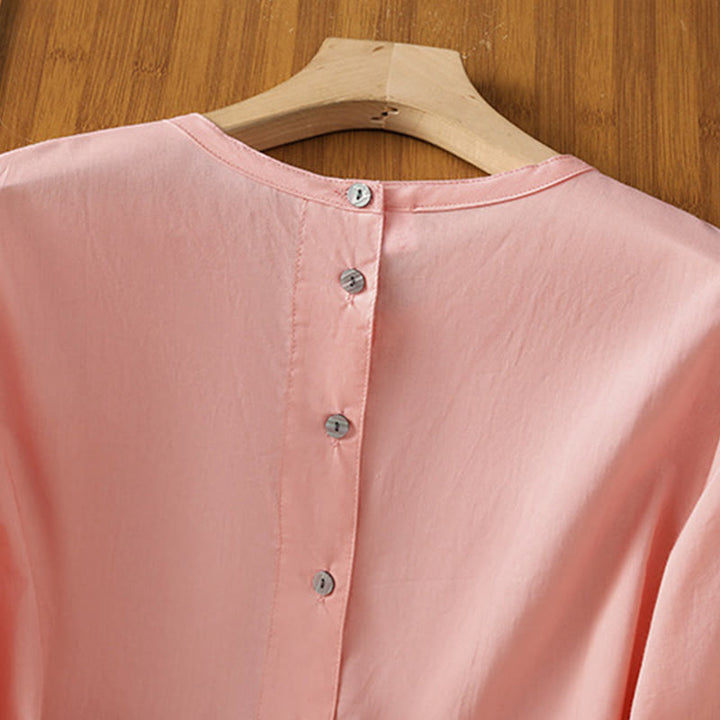 Camisa de lino y algodón con cuello redondo, manga tres cuartos y botones, con dobladillo de encaje liso y botonadura sencilla para mujer Buddha Stones - image 33