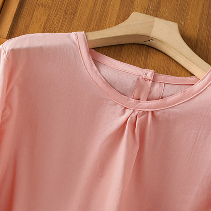 Camisa de lino y algodón con cuello redondo, manga tres cuartos y botones, con dobladillo de encaje liso y botonadura sencilla para mujer Buddha Stones - image 31