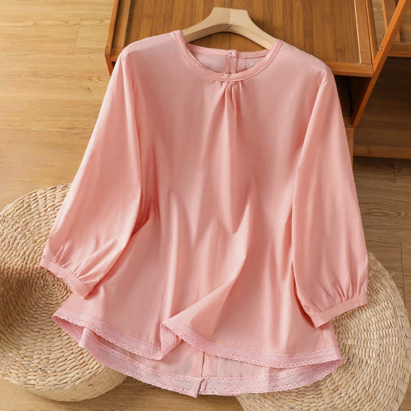 Camisa de lino y algodón con cuello redondo, manga tres cuartos y botones, con dobladillo de encaje liso y botonadura sencilla para mujer Buddha Stones - Rosa - US14，UK/AU18，EU46 (2XL) - image 27