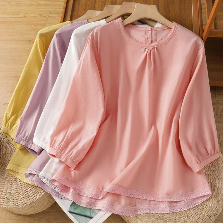 Camisa de lino y algodón con cuello redondo, manga tres cuartos y botones, con dobladillo de encaje liso y botonadura sencilla para mujer Buddha Stones - image 37