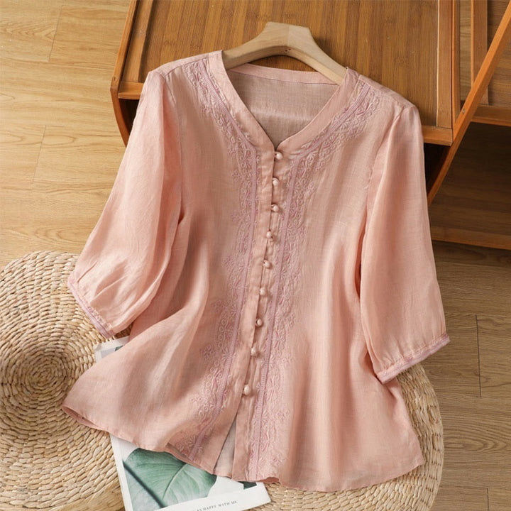 Camisa informal de poliéster con cuello en V y media manga con botones de rana y bordado de Buddha Stones para mujer - MistyRose - US12, UK/AU16, EU44 (2XL) - image 24