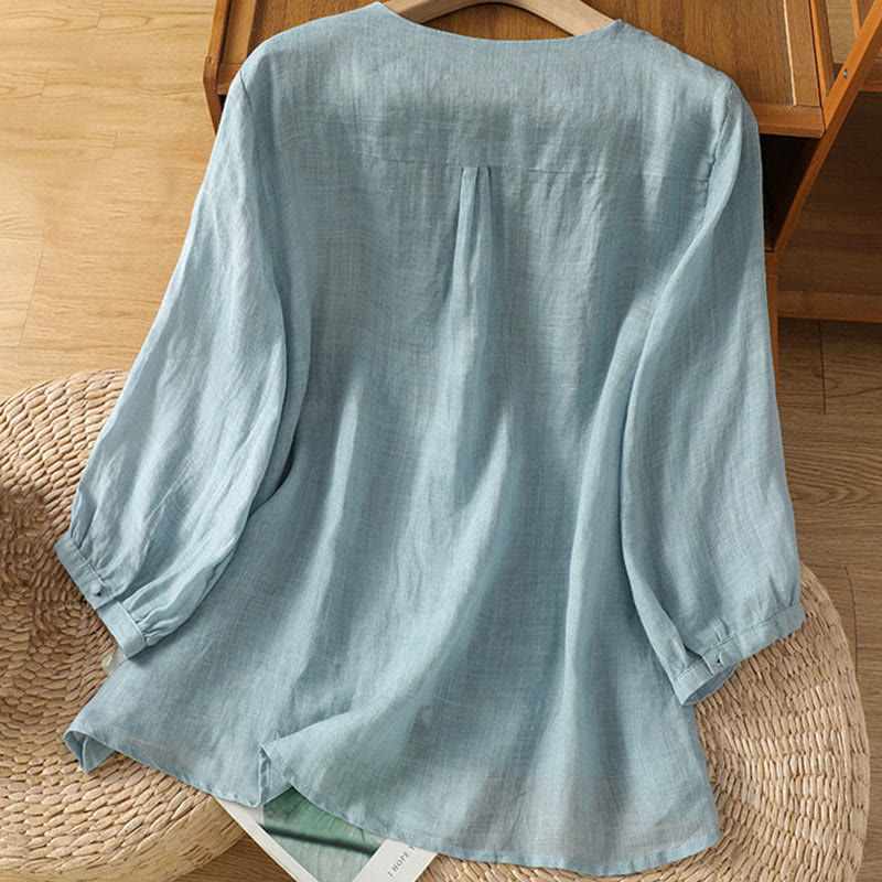 Camisa de mujer informal con cuello en V, botonadura sencilla y cuello en V, con bordado de Buddha Stones. - image 1