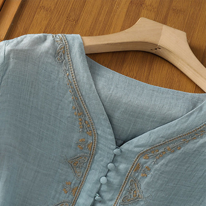 Camisa de mujer informal con cuello en V, botonadura sencilla y cuello en V, con bordado de Buddha Stones. - image 6