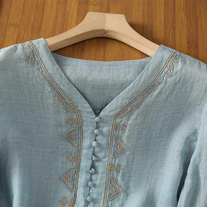 Camisa informal de poliéster con cuello en V, manga corta y botones, con bordado de Buddha Stones para mujer - image 2