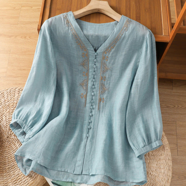 Camisa informal de poliéster con cuello en V, manga corta y botones, con bordado de Buddha Stones para mujer - Celeste - US8-10，UK/AU12-14，EU40-42 (2XL) - image 0