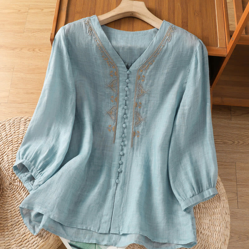 Camisa de mujer informal con cuello en V, botonadura sencilla y cuello en V, con bordado de Buddha Stones. - Celeste - US8-10，UK/AU12-14，EU40-42 (2XL) - image 0